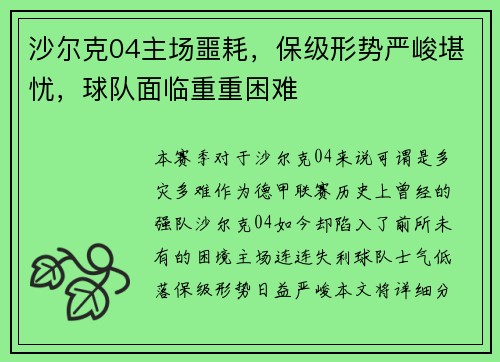 沙尔克04主场噩耗,保级形势严峻堪忧,球队面临重重困难 沙尔克04主场噩耗,保级形势严峻堪忧,球队面临重重困难